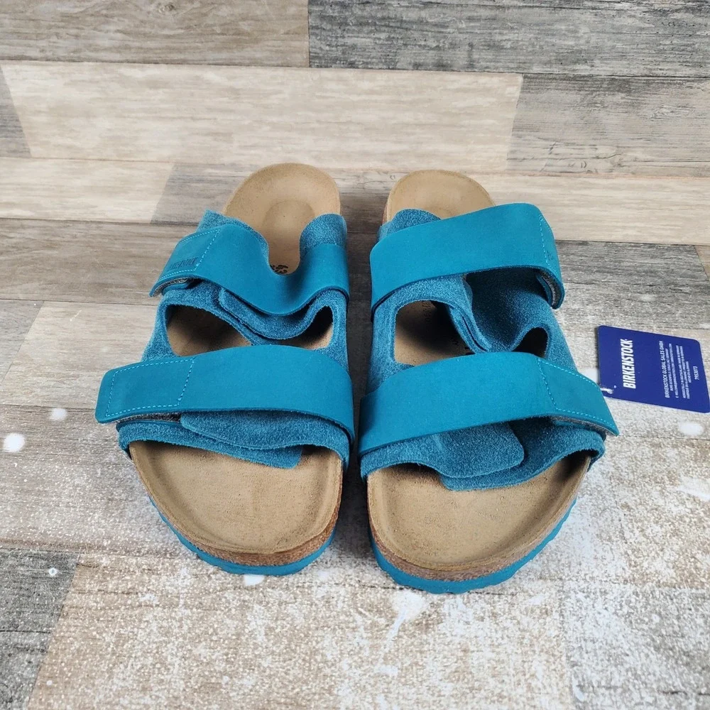 Birkenstock Uji Mens Slide Sandals Sz 10 Deep Turquoise Suede Hook & Loop Strap